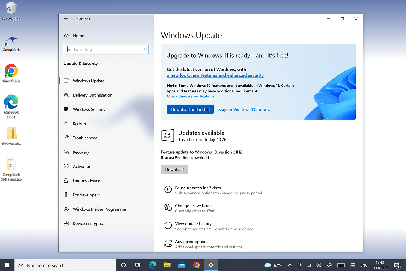 Windows update setting page opened